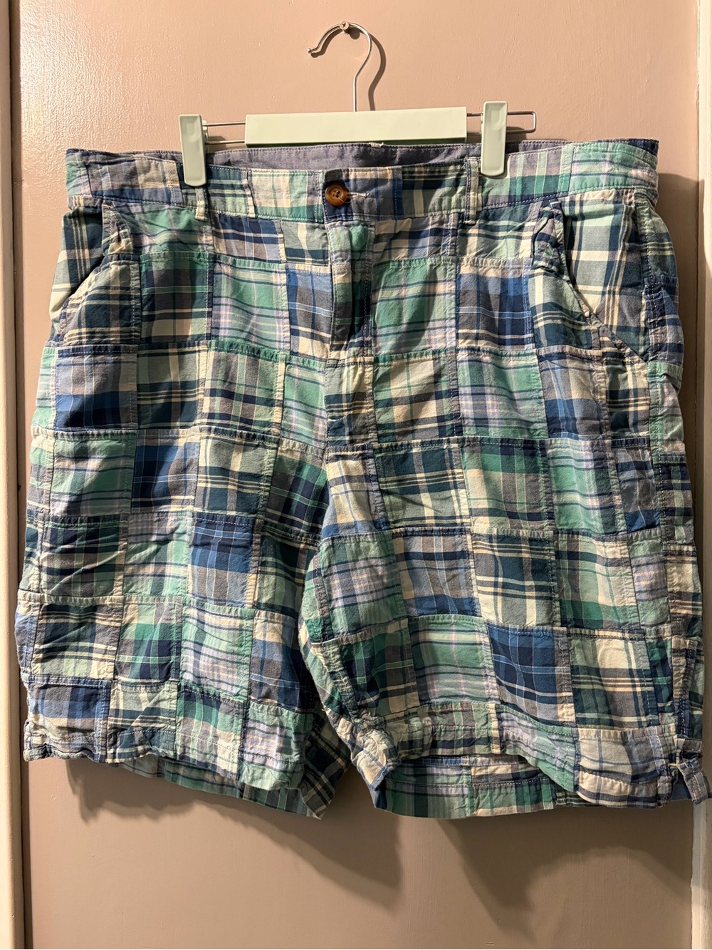 L.L. Bean Plaid Patchwork Shorts in Blue & Green